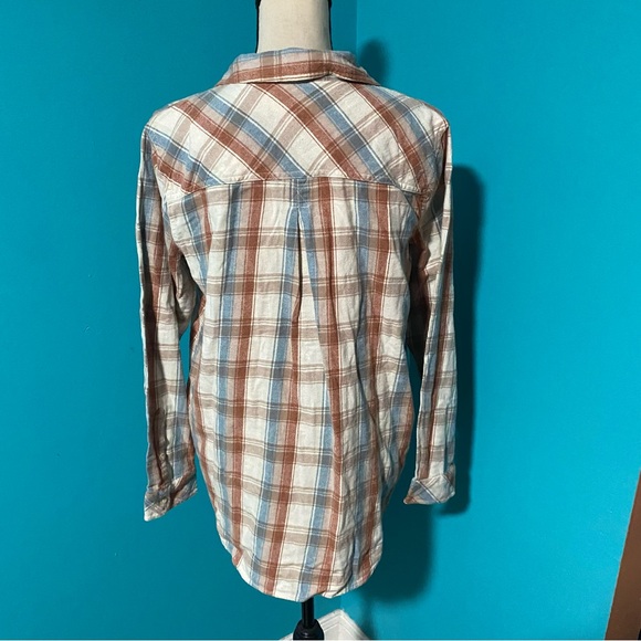 NWT Sonoma M Cream Orange Blue Plaid Supersoft Flannel Button Down Shirt - Picture 3 of 4